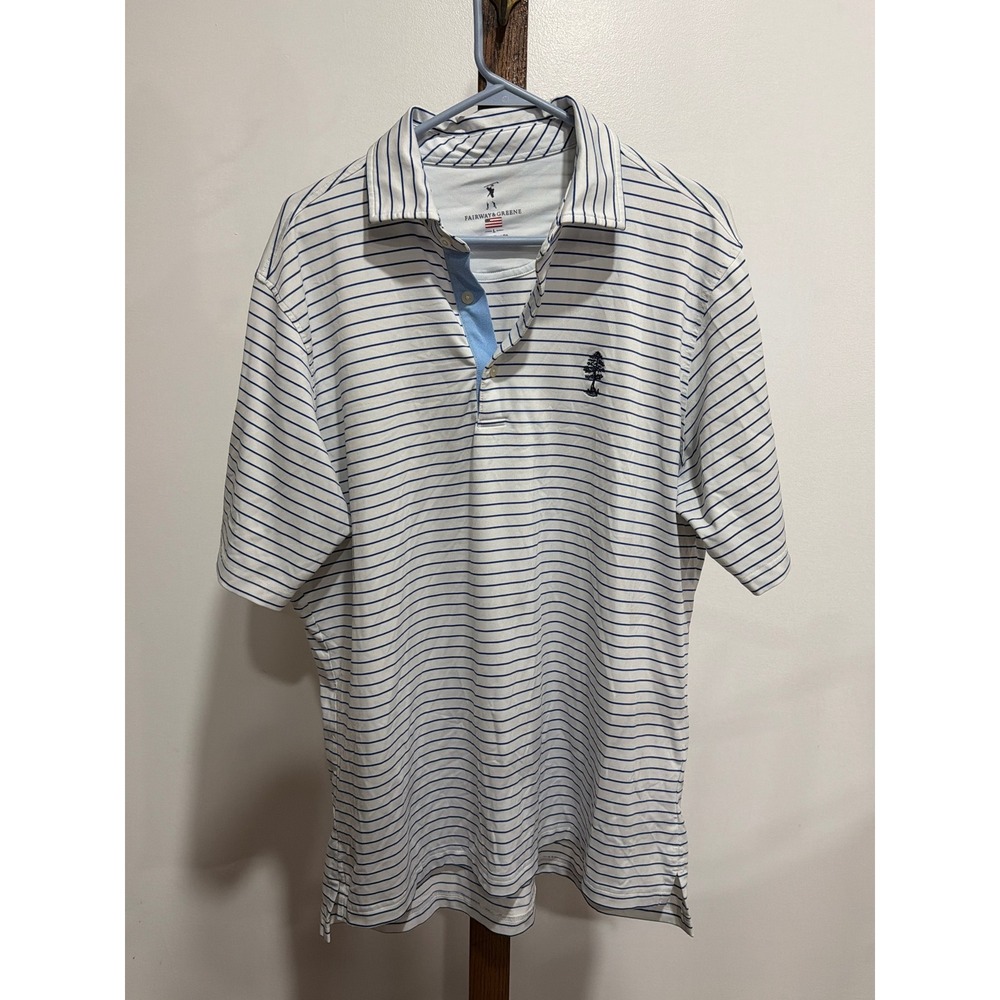 Fairway & Greene Mens L Blu White Striped Performance Golf Polo Shirt USA Preppy